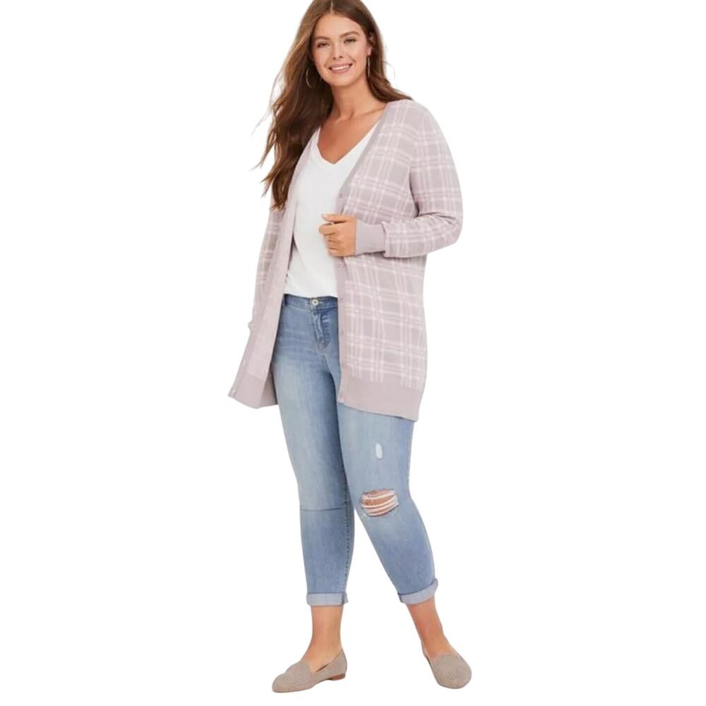 TORRID Lilac Purple/Pink Plaid Boyfriend Cardigan Cotton Blend Size 3X
